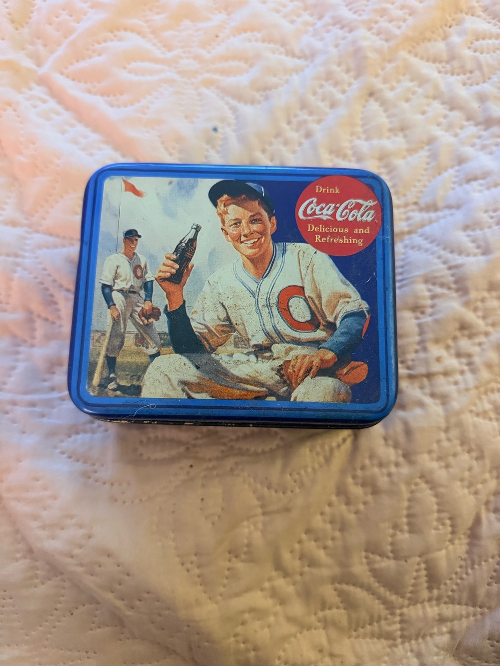 Coca Cola Blue Baseball Player Tin Key/Card Holder